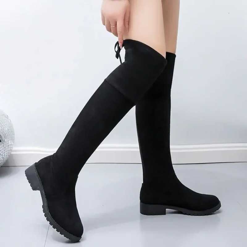 Tube Plus Long Size Women's Boots Autumn/Winter New Elastic Slimming Boots Flat Bottom Fleece-Lined High Tube Boots Woman Shoes D260916