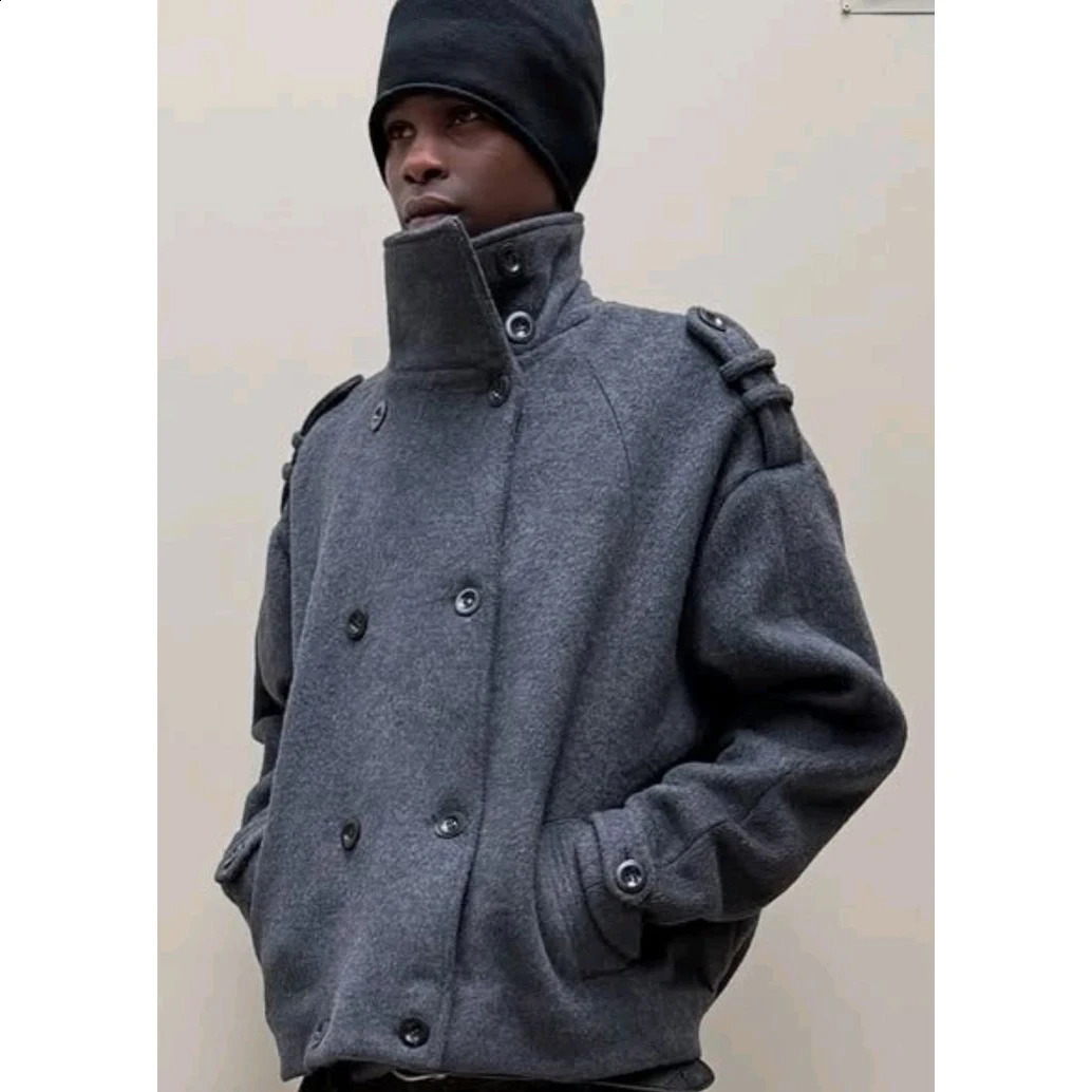 Men Wool Jacket Oversize Stand Collar Double Breasted Short Woolen Coat Loose Winter Thick Warm Outerwear Male Streetwear Jacket 260916