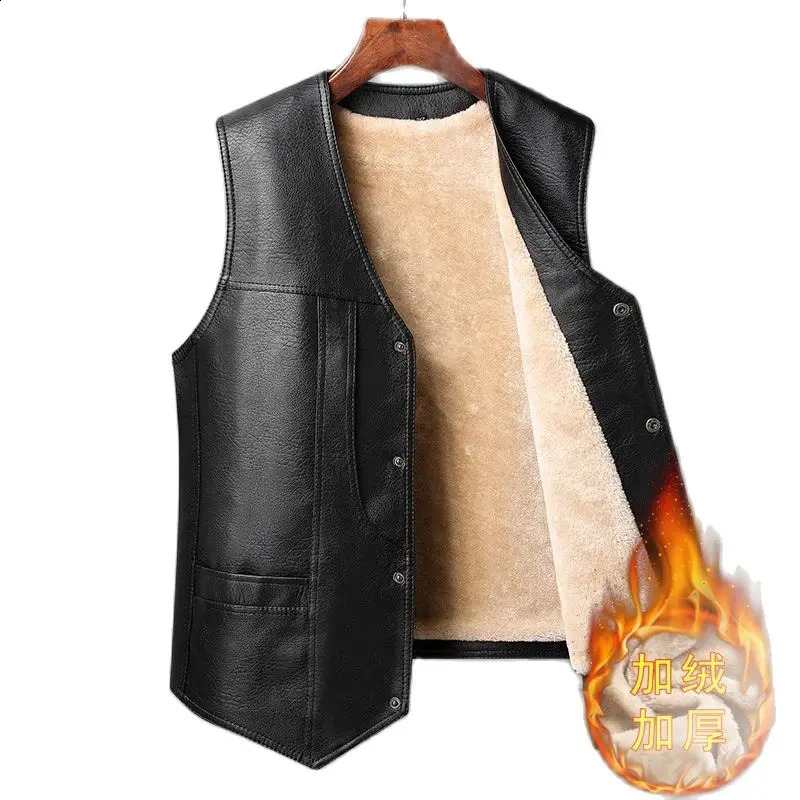 Winter Men Thick Warm Fleece Leather Vest Coat Male V-Neck Single Breasted Vest Casual Male Clothing Outerwear 260916