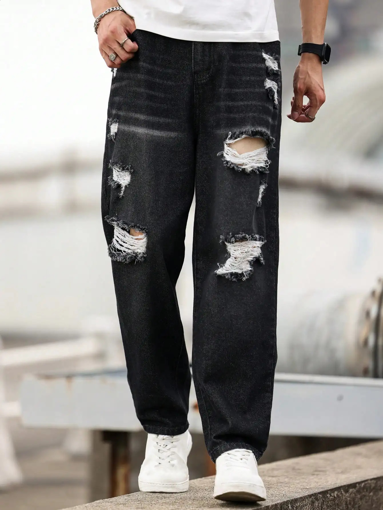 Men's High-Quality Ripped Washed Hip-Hop Loose Jeans 260916