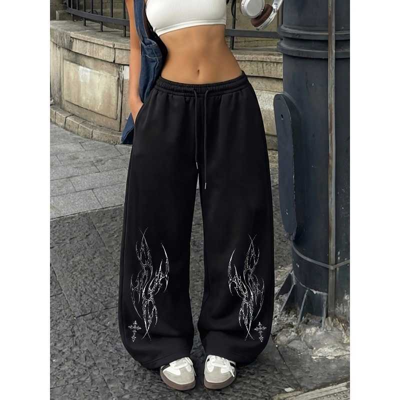 Retro punk men's and women's straight leg pants - small cross print casual sports pants drawstring elastic waist circumference D260916