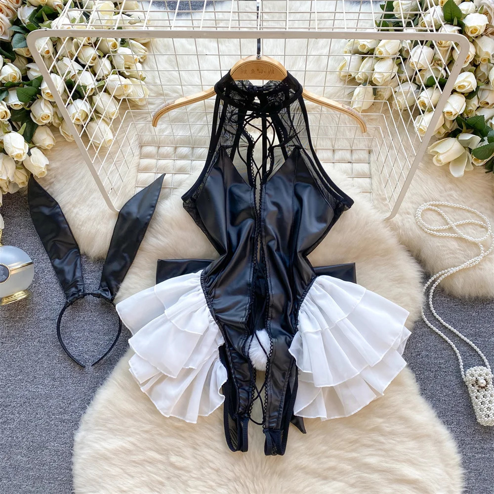 Sexy Sleeveless Halter Neck Leather Patchwork Lace Mesh Skirt Slim Fitting Pajama Jumpsuit sweet Cosplay Bunny Girl Bodysuit 260916