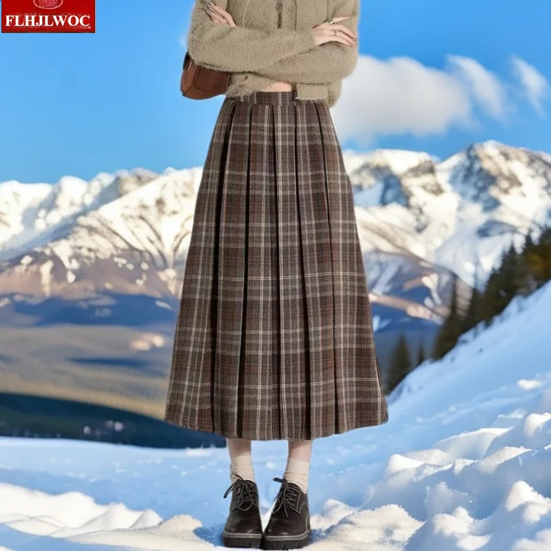 Woolen Skirts Fashion Autumn Winter Basics Woman Cute Sweet Girls Japan Preppy Style Retro Vintage Long Plaid Skirt 260916