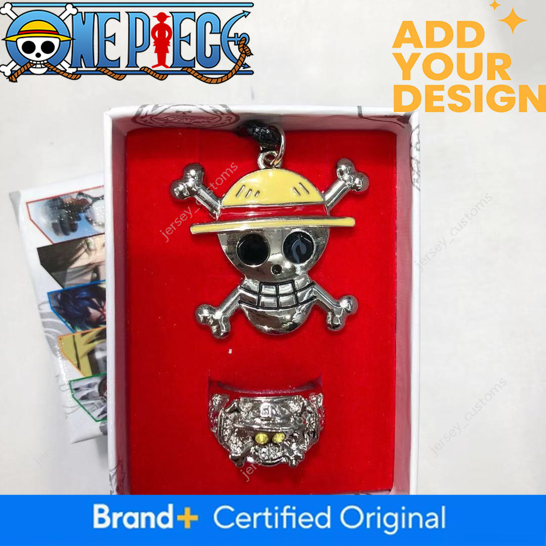 Set: One Piece Series Ring Necklace with Skull, Ship's Wheel, Logo of Roronoa Zoro, and Hawkeye. Gift Box Set