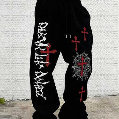 Web Gothic Red Cross Spider Print Quick Dry Straight Pants Men Dark Letter Graphic Drawstring Loose Streetwear Unisex Trousers D260916
