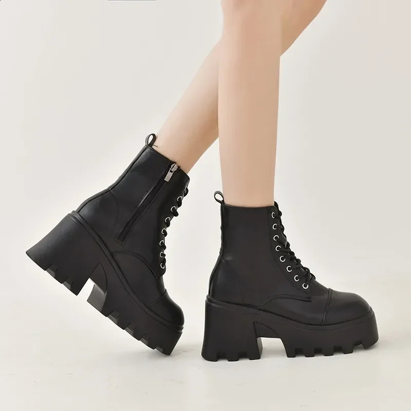 2024 Winter Plus Size Shoes for Women Side Zip Women's Ankle Boots Platform Square Heel Ladies Laceup Female 260916