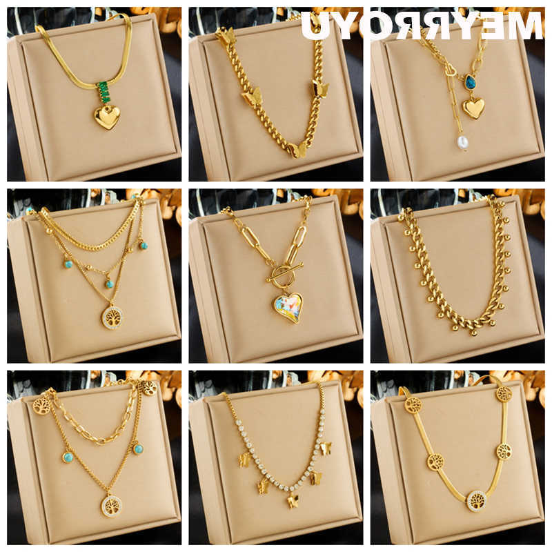 Stainless MEYRROYU 316L Steel Necklace Golden Life Tree Love Heart Pendant Clavicle For Women Gifts Jewelry Accessories BijouxT260916