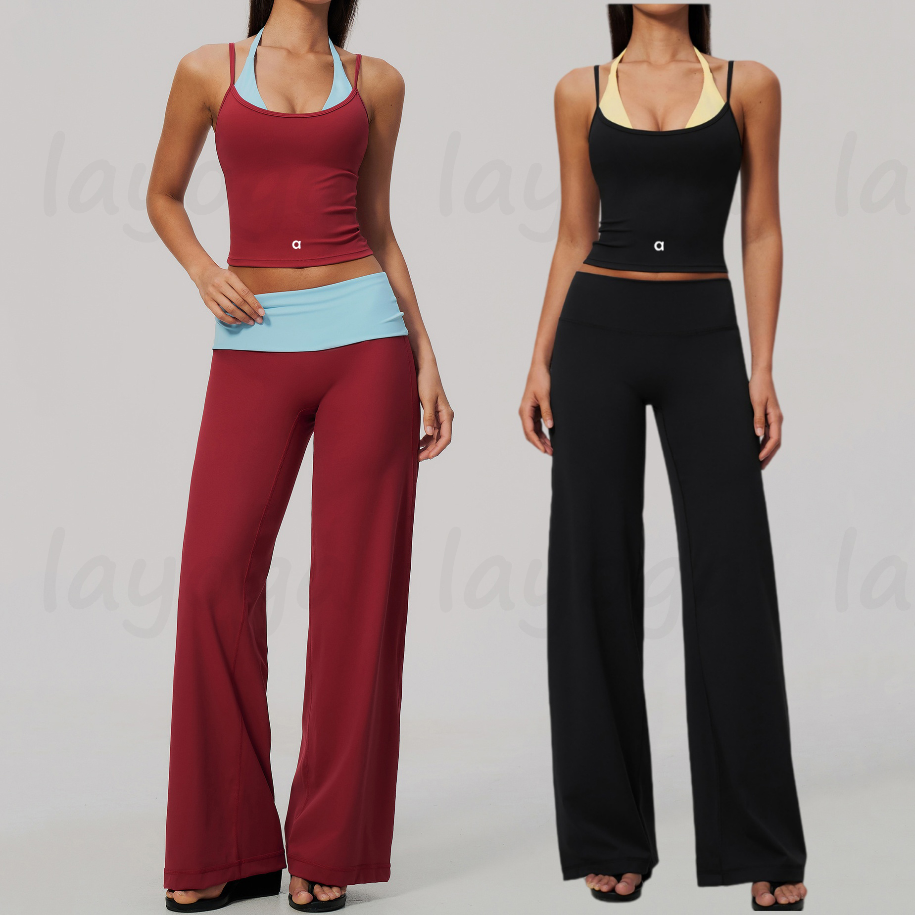 New Designer Color Block Sports Halter Tank Top Fold Over Waist Tummy Control Butt Lifting Outdoor Wide Leg Pants Women 2 Piece Yoga Pilates Outfit