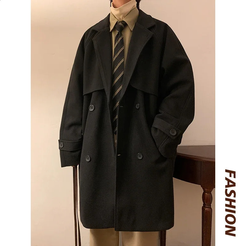 Legible Autumn Winter Wool Jacket Men Casual Solid Wool Coats Male Loose Turn Down Collar Mens Long Coat 260916