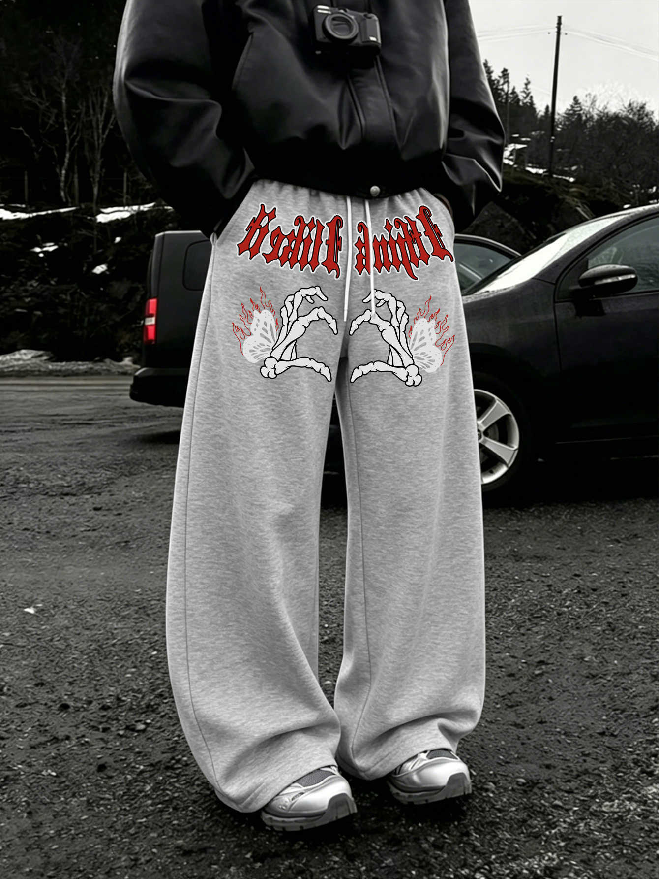 Skeleton Leg Men Hand Wide Butterfly Sweatpants 100% Polyester Red Gothic Print Baggy Y2K Drawstring Casual Jogger Pants D260916