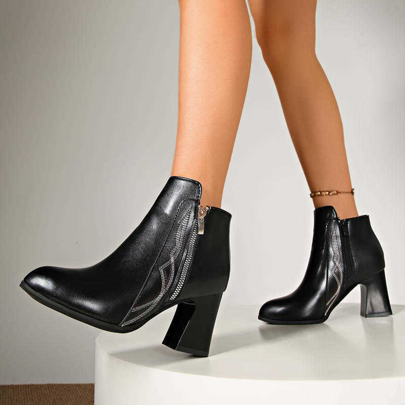 Embroidery Side Zip Thick High Heel Ankle Boots Women Winter Sexy Black Pu Leather Short Boots Woman's Autumn Party Shoes D260916