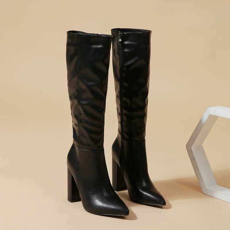 Style Punk Aneikeh Knee-High Sexy Boots Women Elegant Street Style Pointed Toe Chunky High Heel Zipper Long Booties Party Shoes D260916
