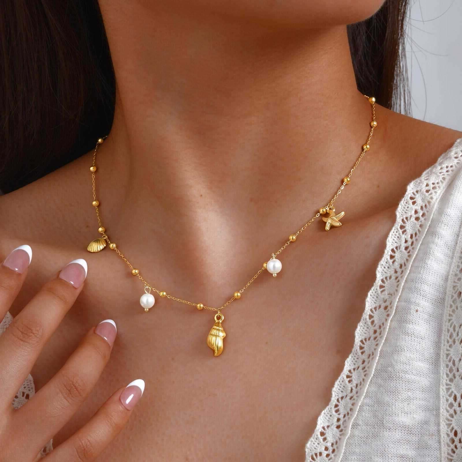 Gold Plated 18K Pearl Shell Conch Starfish Summer Beach Necklace for Women Stainless Steel Waterproof Charm JewelryT260916