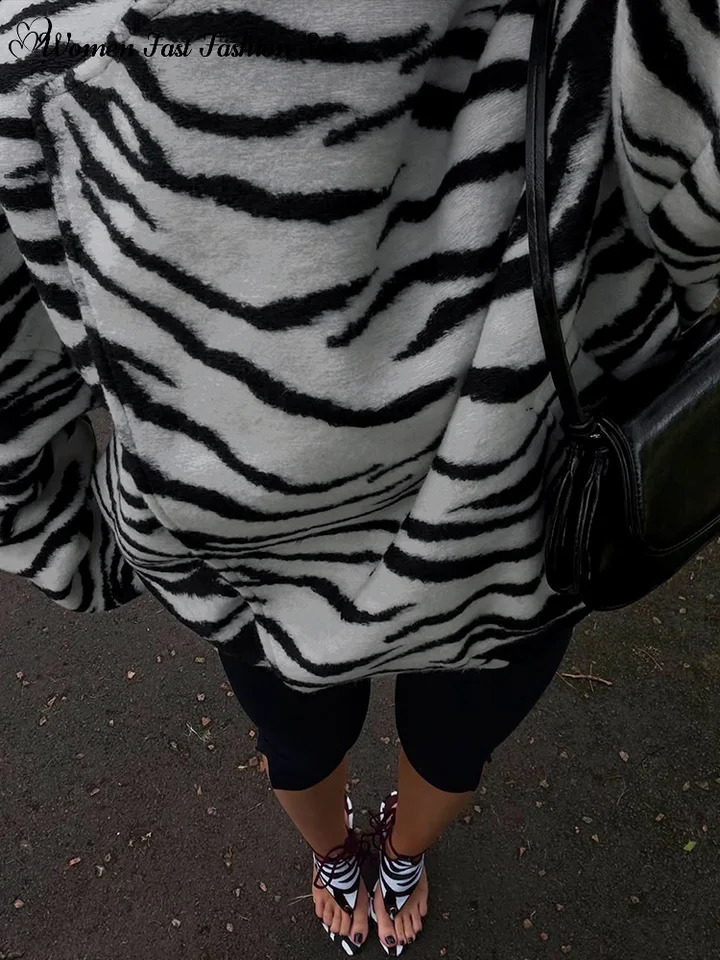 Zebra Striped Print Stand Collar Coats 2026 Autumn Ladies Loose Asymmetric Hidden Button Full Sleeve Jackets Womens Outwear 260916