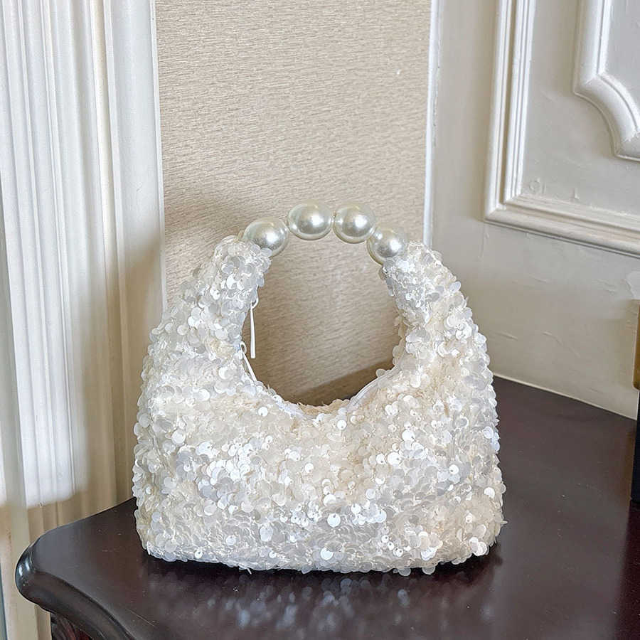 Bag Elegant Pearl Top Handle for Women White Sequin Hobo Bag Sparkly Evening Party Purse Wedding Bridal Handbag with Zipper H260916