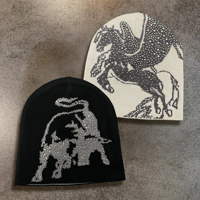 Vintage Style Jacquard Pegasus Pattern Knitted Hat Diamond Decoration Windproof and Warm Hip-hop Autumn and Winter Y2K260915