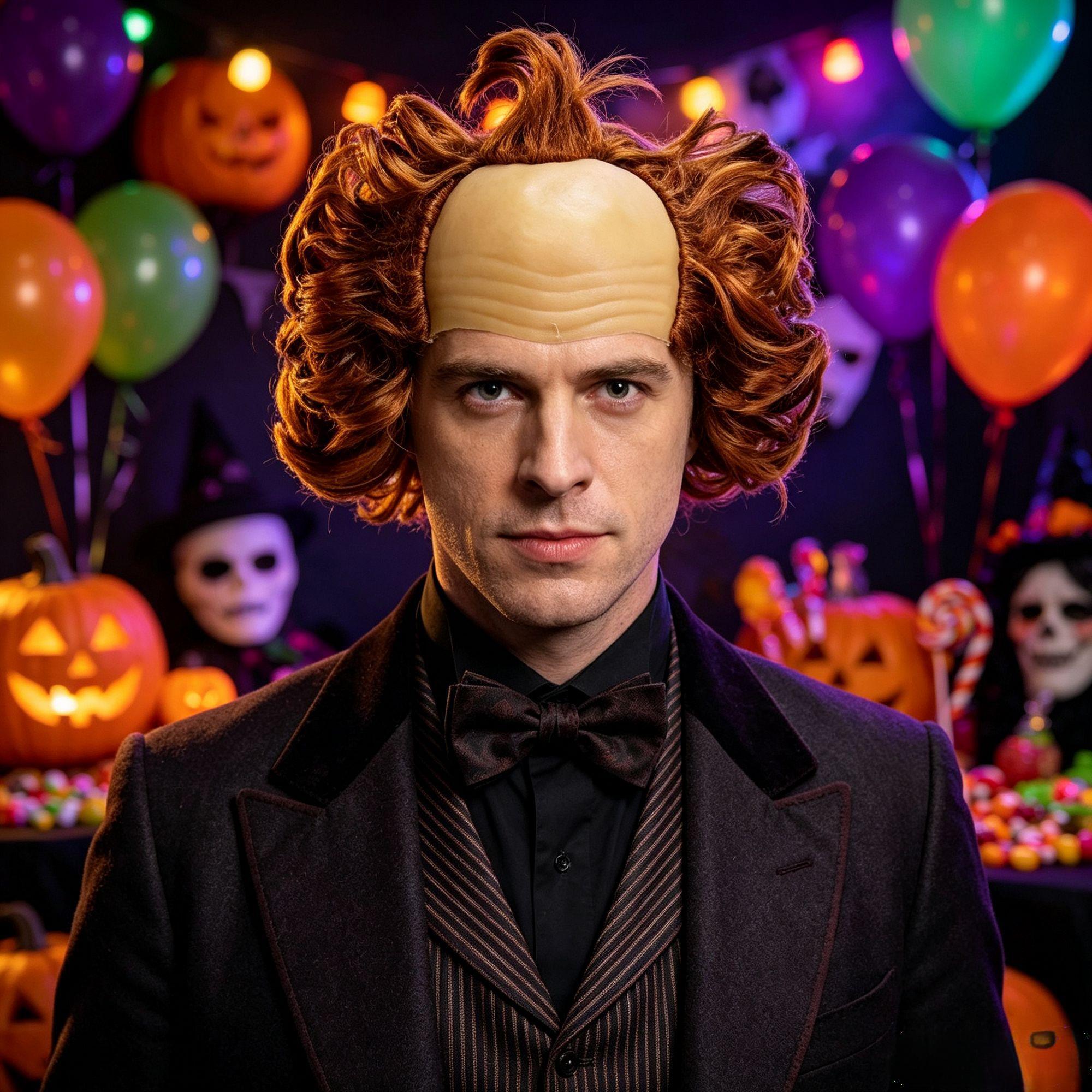 Brown Orange Premium Synthetic Fiber Short Curly Wig Balding Bald Head Cap with Ahoge Fluffy Voluminous Spiral Curls Messy Hair for Men Women Cospla