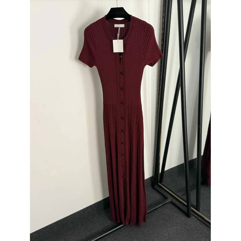 Sandro Designer Dress Womens Knitted Fitted Button-Down Dress With Elegant Style Designer Luxury Brand Long V-Neck Spring-Autumn Midi Dress A98