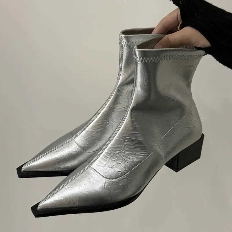 Pointed Toe Slip On Sexy Chelsea Boots Women 2025 Autumn fashion Silver Square Medium Heel Ankle Boots Soft Elastic Pu Booties D260916