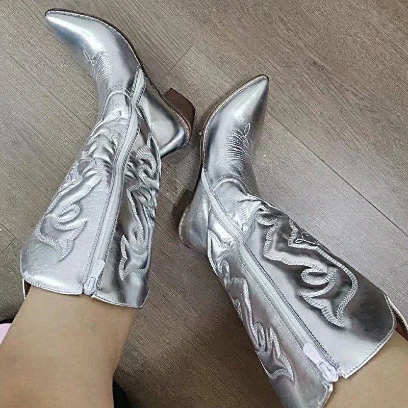 Fashion Cowboy Women Cowboy Short Ankle Boots for Women Chunky Heel Cowgirl Boots Embroidered Mid Calf Western Boots 260916