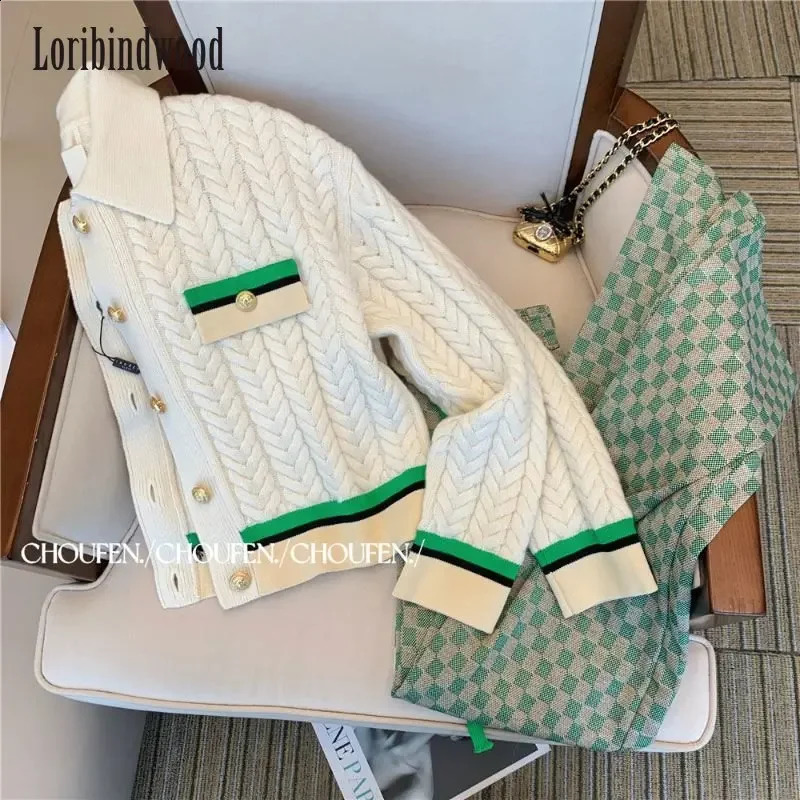 French Suit for Women Autumn High Fashion Cardigan Top Wide-leg Pants Two-piece Set conjunto femenino 260916