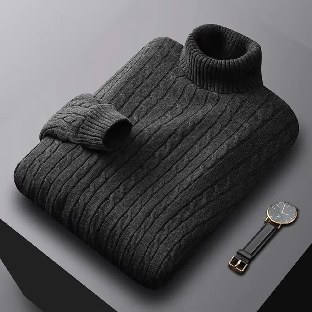 Autumn Men's Turtleneck Jacquard Sweater Solid Color Knitted Pullover Casual Warmth High Elastic Versatile Male Sweatwear 260916