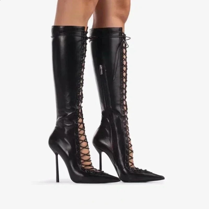 2026SpringSummer Lace Up Short Cool Boot Side Zipper Banquet Slim Fit High Heel Sexy Knee Length Womens Boots 260916