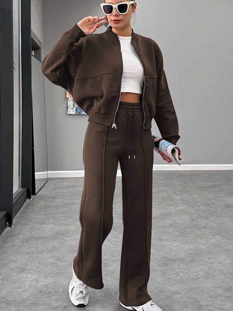 Casual FSMG Sweatshirt Pants Set Solid Zippers Jackets Loose High Waist Lace-up Elastic Waist Trousers Suits Sportswear 2 Pieces S26091631KL