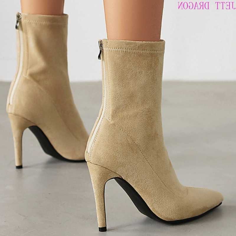 Women Elegant for Ankle Boots Black Beige Faxu Suede Short Boot New 2024 Winter Autumn High Heels Party Shoes Lady Big Size 45 D260916
