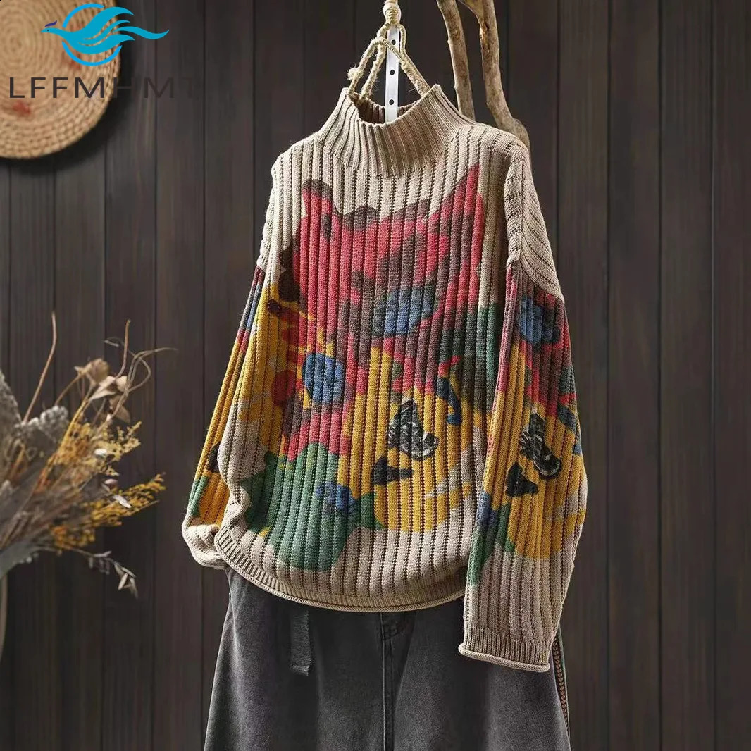Chic Flower Printing Knitwear for Women Good Quality Loose Casual Long Sleeve Half-turtleneck Knitwear Female Comfortable Tops 260916