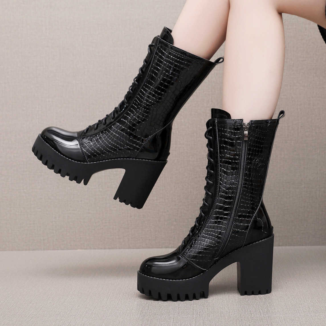 10cm Size 32-43 Elegant 8cm Mid Calf Women's Leather Boots Platform Shoes Winter 2026 Block High Heels Boots fashion Booties D260916
