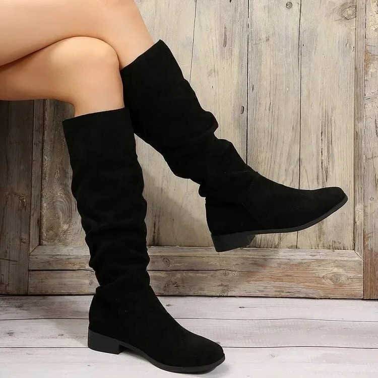 Boots Women Mid Calf High Heels Solid Color Women Shoes Round Toe Rome Females Low Heels Boots Botas De Mujer D260916
