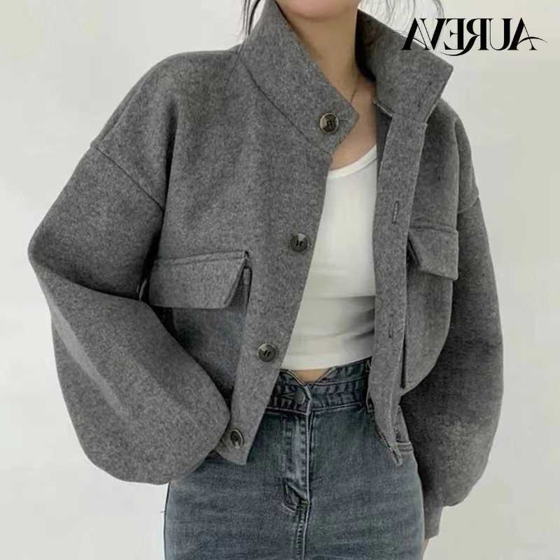 Stand Women's Korean Collar Cropped Woolen Coat Single-Breasted Loose Fit Casual Minimalist Short Jacket Elegant OuterwearT260916