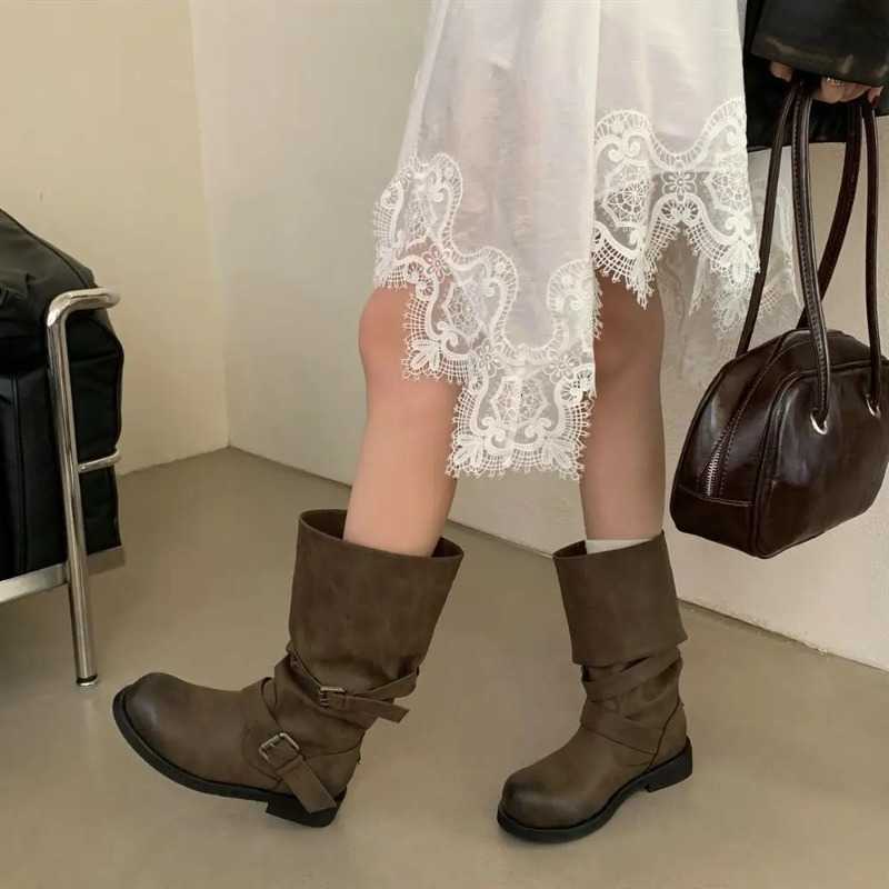 Thigh Spring Heel Autumn Chunky High Knight Boots Belt Western Shoes for Stacked Botas Women Leather Slip on Round Toe D260916