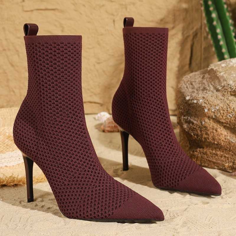Boots 2026 Stretch Winter Knitting Women fashion Pointed Toe High Heels Ankle Boots Elegant Mesh Breathable Botines De Mujer D260916