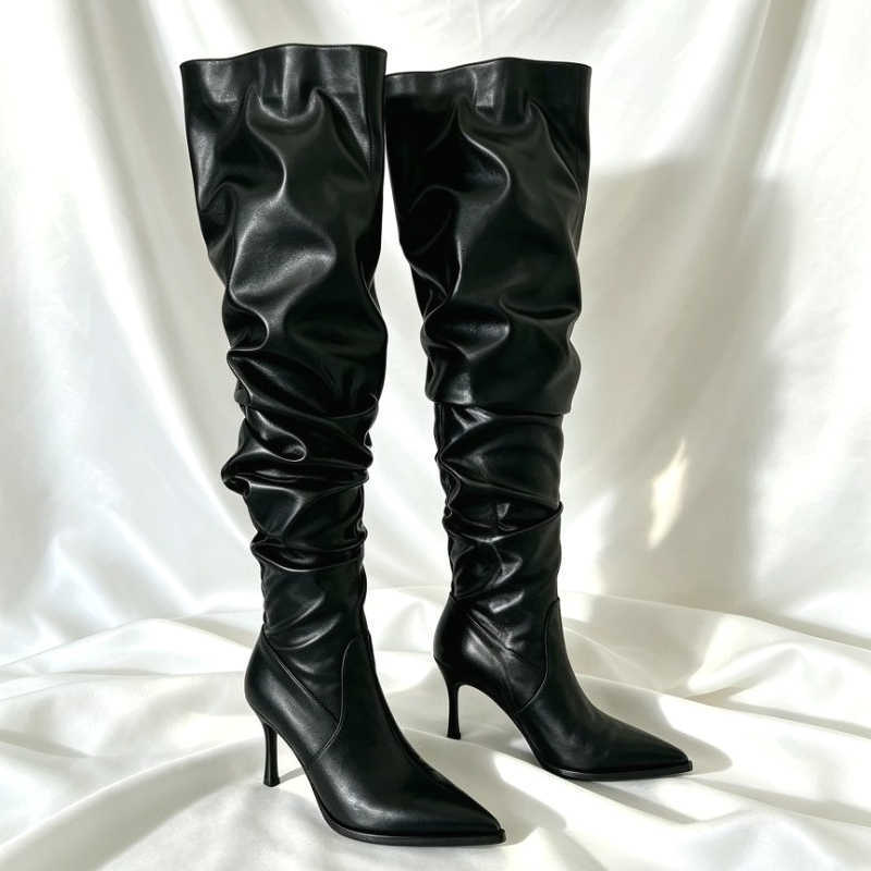 Detail Leather Pleated fashion Soft Stiletto Long Boots Women Sexy Pointed Toe Design Modern Boots Winter Warm High Boots Ladies D260916