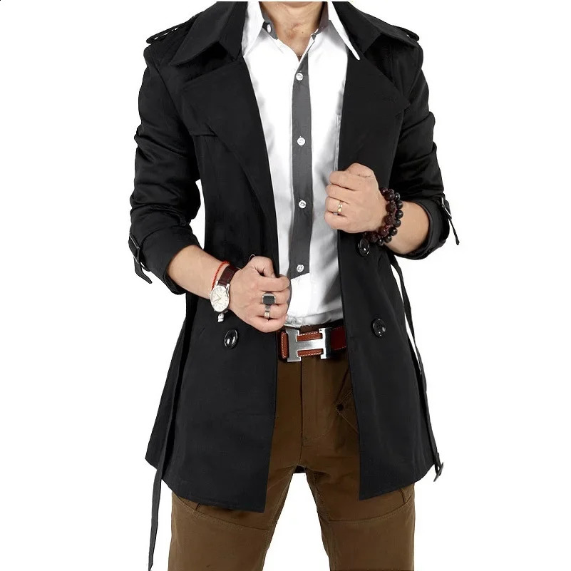 Men's Windbreaker Jacket Vintage Black Khaki Spring Autumn Business Trench Male Double Breasted Retro Classic Long Coat Thick 260916