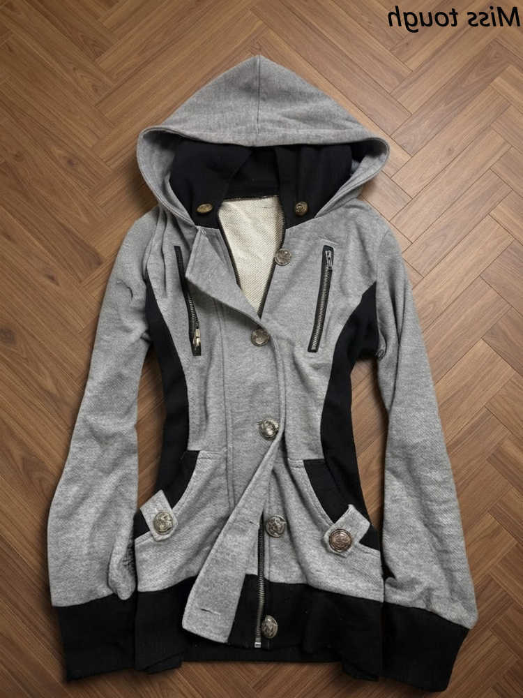 Street Subculture High Autumn Winter Women Coat Vintage Niche Retro Button Zipper Design Hooded Pullover Jacket Y2k SweatershirtT260916
