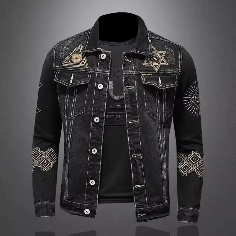 Men's Vintage Motorcycle Denim Jacket Spring Autumn Slim Loose Fit Embroidered Lapel Cotton Casual Black Blue Trendy Fashion 260916