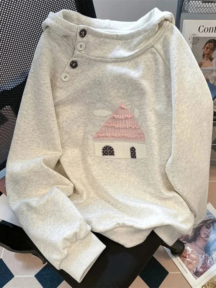 Spring Cute Print Sweatshirt Women Long Sleeve Sweet Kawaii Pullover Japan Loose Female Preppy Style Buttons Vintage Hooded Tops 260916