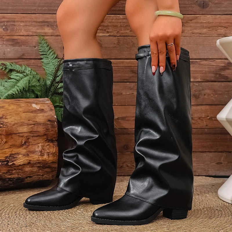 boots fashion Wrinkled 2025 high-heeled autumn new item thick heel plus size British style high leg pants boots for women D260916