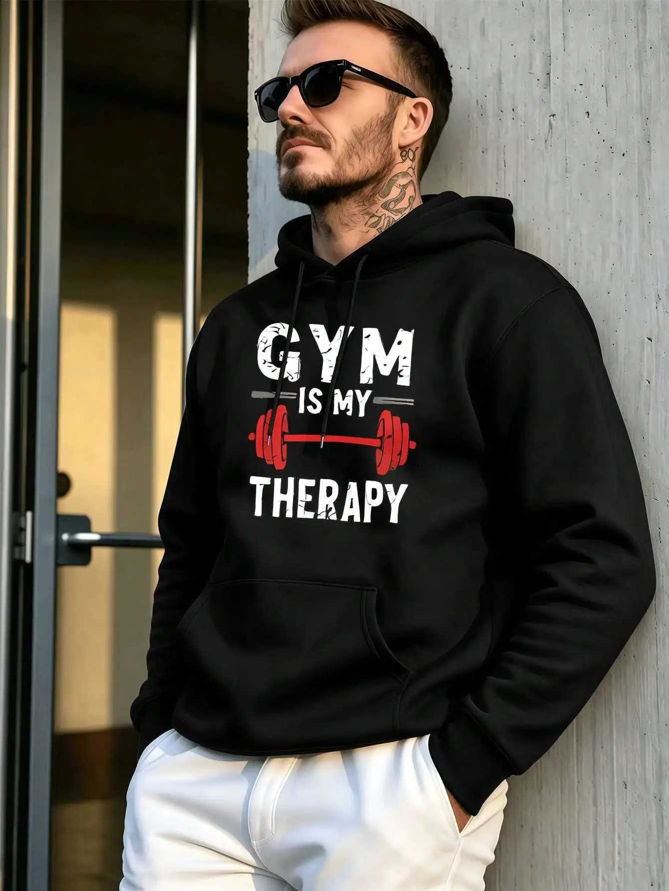 Casual Pullover Hoodie Gym Mens Is My Therapy Distressed Barbell Fitness Slogan Graphic Print Hooded Sweatshirt Loose Fit Long sleeve Hoody With Poc