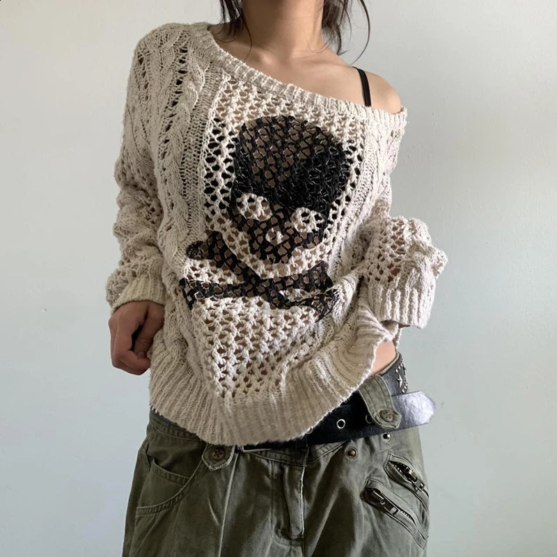 Harajuku Grunge Y2K Aesthetics Retro Jumpers Skeleton Print Hollow Out Knitted Sweater Autumn Full Sleeve Pullovers Korean 260916