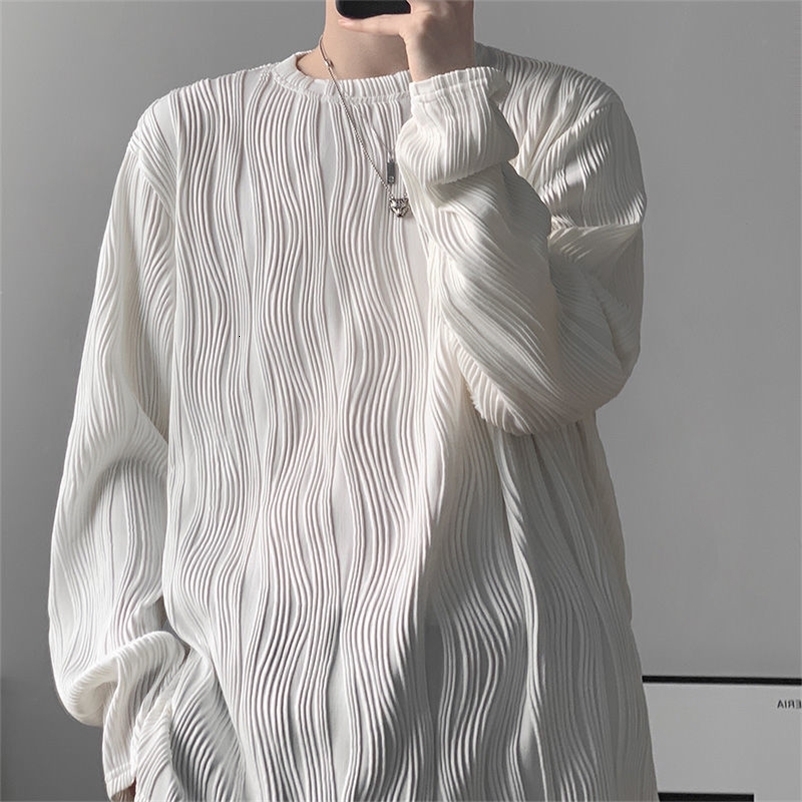 3d Folds Texture Autumn Winter Long Sleeve Men T Shirt Loose Korean Style O Neck Fashion Casual Clothes Oversized Tops White 260915