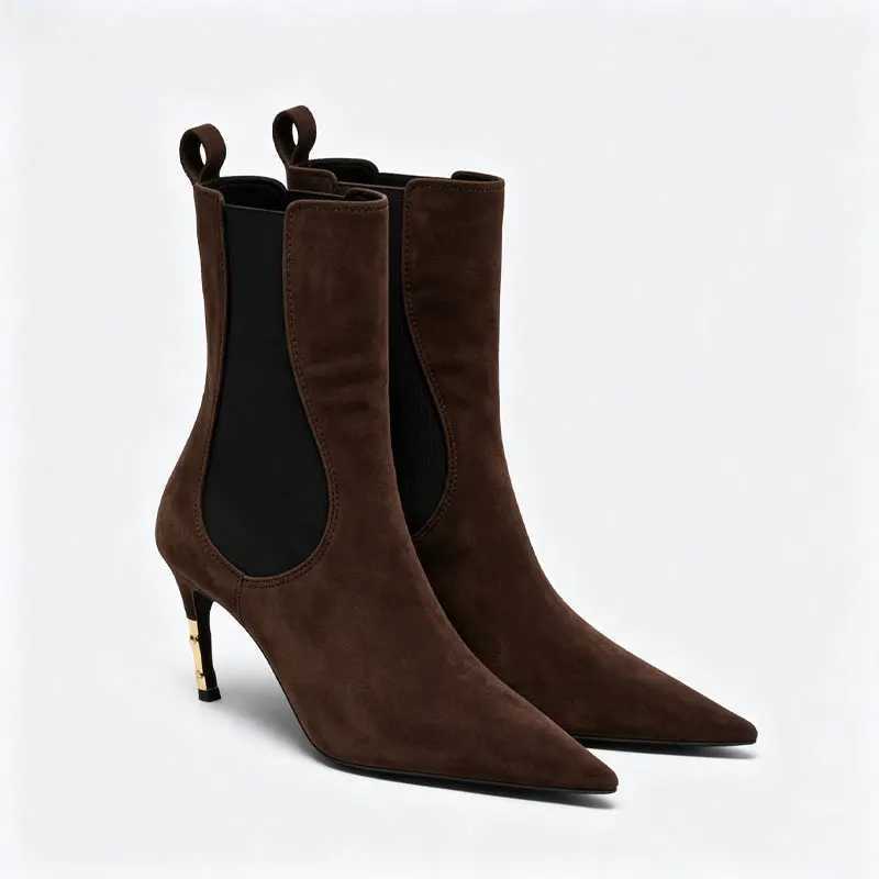 Women Pointed Toe High Heel elsea Ankle Boots Suede Elastic Side Short Boot Gold Metal Heel fice Work Daily Wear Ladies Ankl Q260916