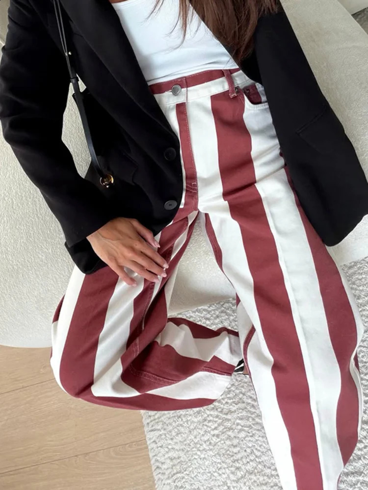 Women Jeans Straight Stripe Button Detail Jeans Female High Waist Loose Curved Wide Leg Denim Pants Vintage Casual Outfit Ladies 260916