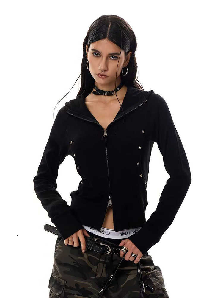 Rivets Y2K American Hooded Jacket Women Autumn Streetwear Dual Zipper Coats Vintage Grunge Slim Crop Outwear MujerT260916