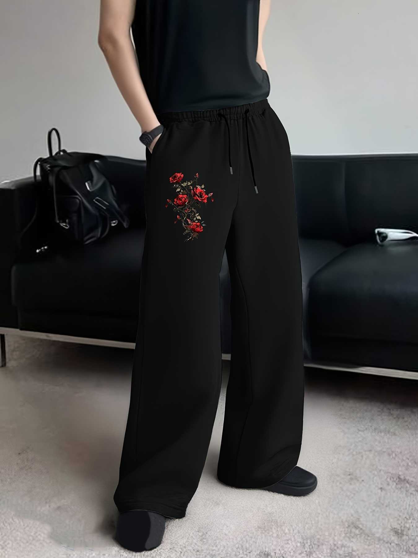 Men American Vintage Red Rose Floral Print Straight Leg Sweatpants Elastic Drawstring Loose Comfort Versatile Daily Street S-3XL D260916