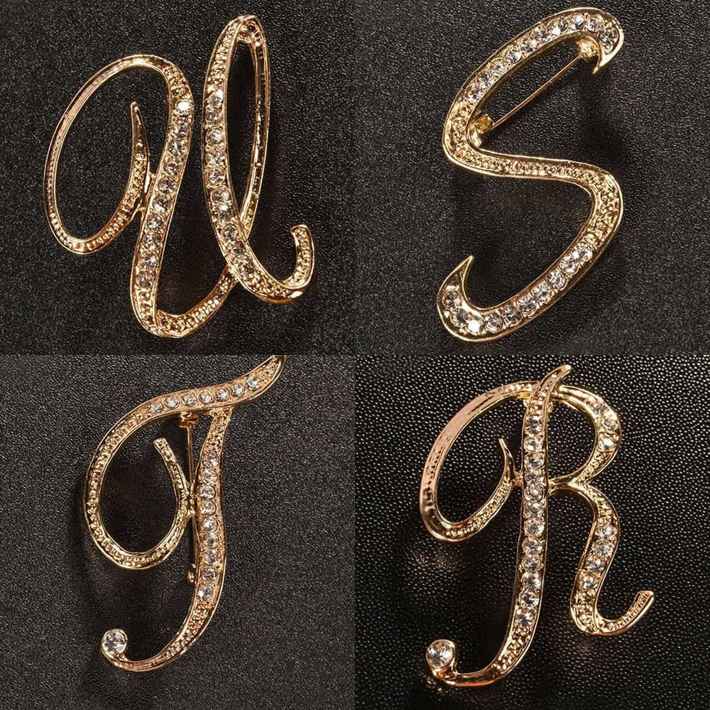 A-Z Initial Letter 1pc Brooch Women Rhinestone Alloy Pin Sparkling Crystal Badge Suit Shirt Jacket Fashion Jewelry Gift J260915