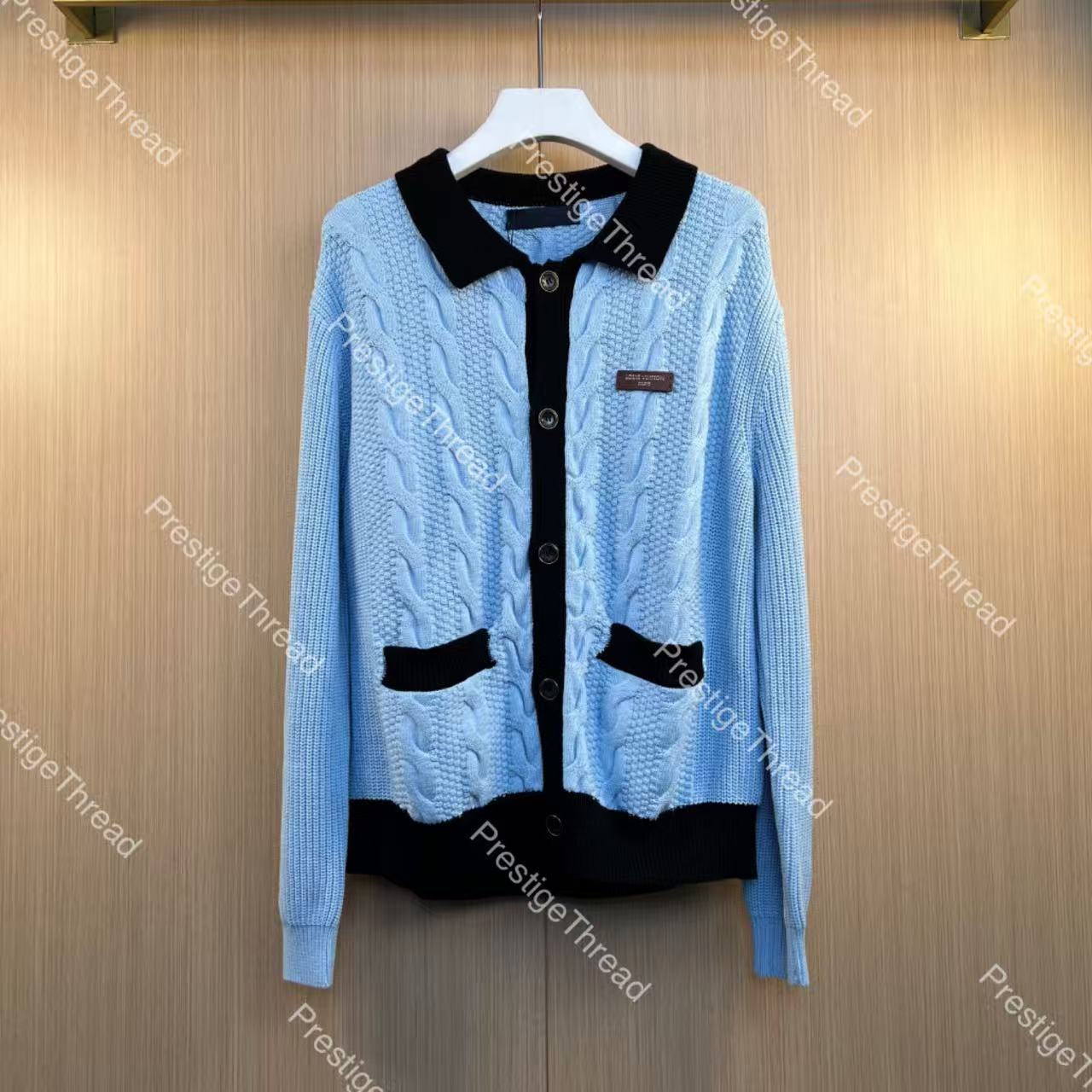 26ss Early Spring New Letter Badge Leather Patch Color-block Cable Knit Turn-down Collar Cardigan Jacket Designer Men's Sweaters